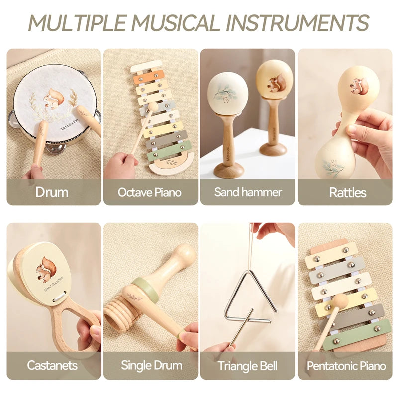 Montessori brinquedo de madeira multicolorido xilofone sino contas tambor coluna instrumento musical brinquedo criança educacional instrumento musical presente