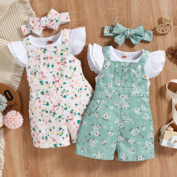 Jardineira Infantil Feminino Floral 3 peças - Ama Mamma