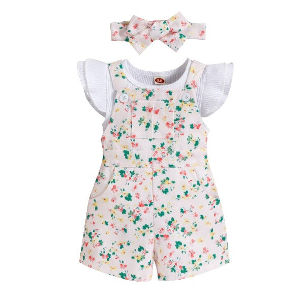 Jardineira Infantil Feminino Floral 3 peças - Ama Mamma