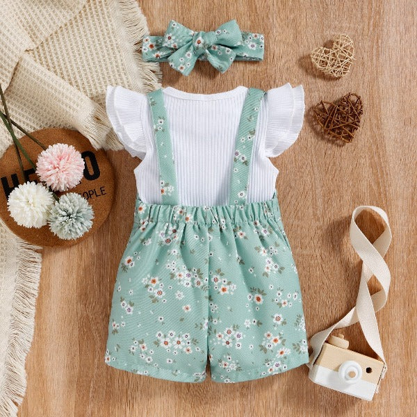 Jardineira Infantil Feminino Floral 3 peças - Ama Mamma