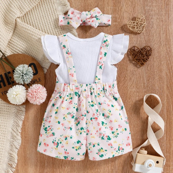 Jardineira Infantil Feminino Floral 3 peças - Ama Mamma