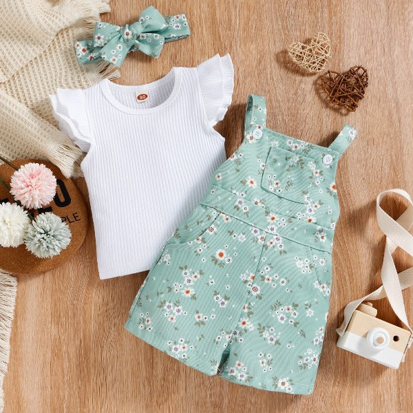 Jardineira Infantil Feminino Floral 3 peças - Ama Mamma