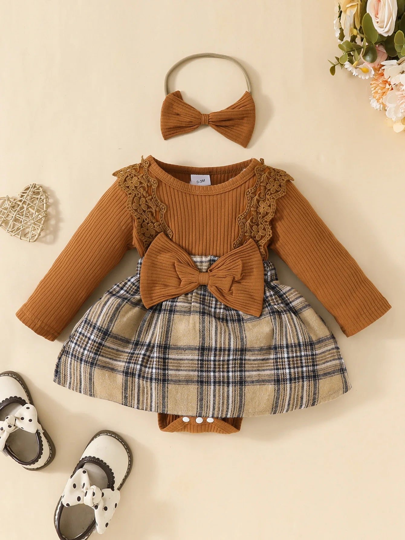 Bebê gilrs manga longa outono/inverno xadrez com arco mel macacão para recém-nascidos-18m férias wear + bandana