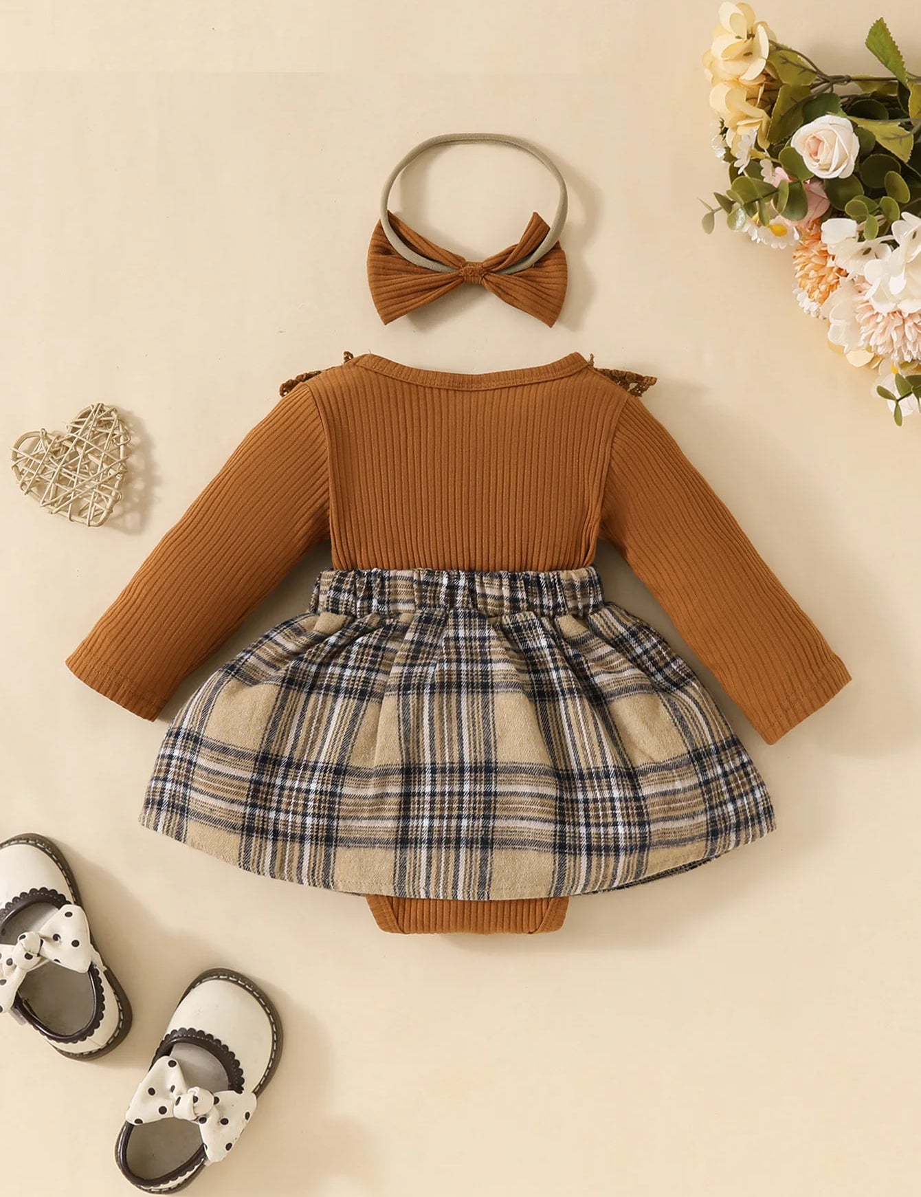 inverno xadrez com arco mel macacão para recém-nascidos-18m férias wear + bandana