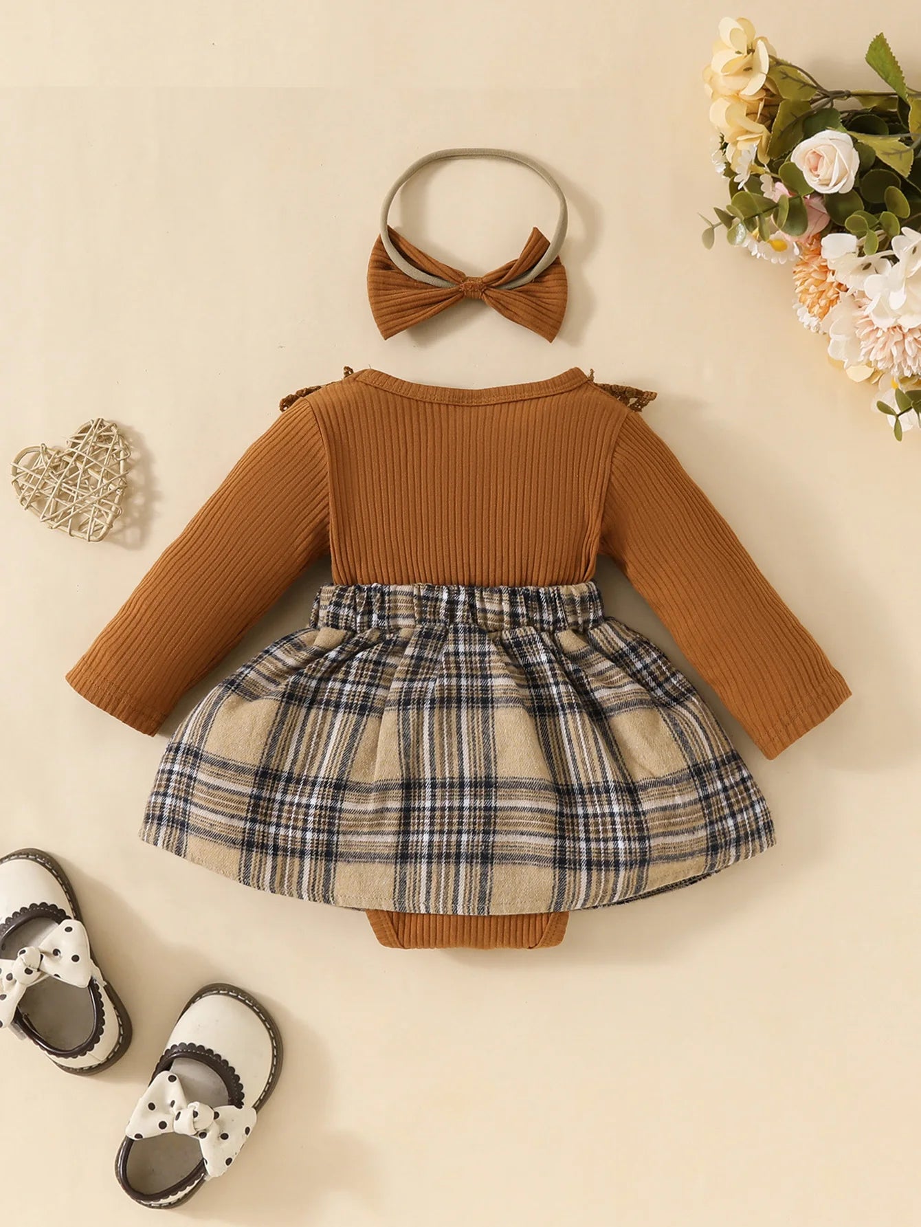 Bebê gilrs manga longa outono/inverno xadrez com arco mel macacão para recém-nascidos-18m férias wear + bandana