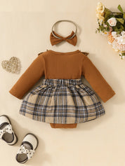 Bebê gilrs manga longa outono/inverno xadrez com arco mel macacão para recém-nascidos-18m férias wear + bandana