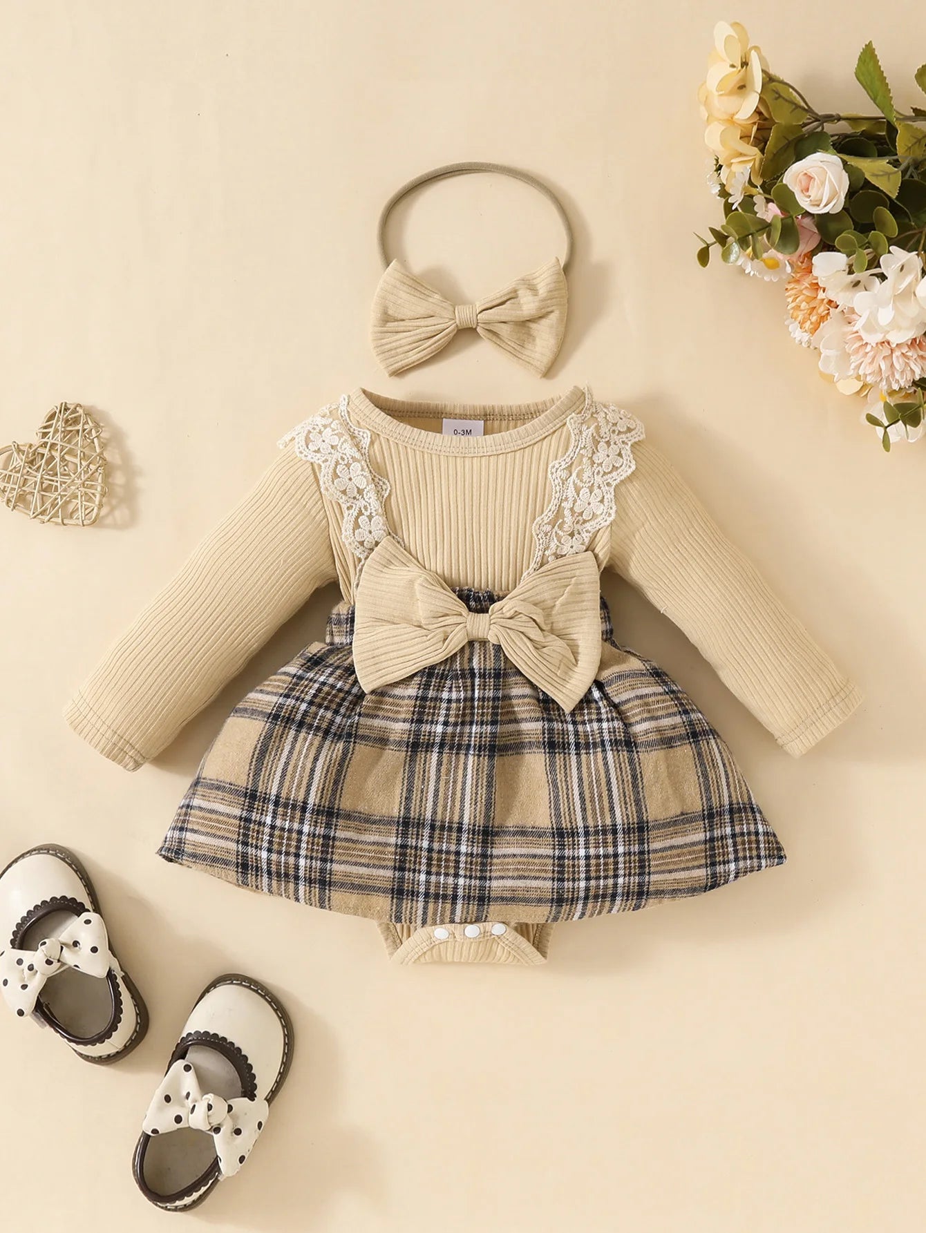 Bebê gilrs manga longa outono/inverno xadrez com arco mel macacão para recém-nascidos-18m férias wear + bandana