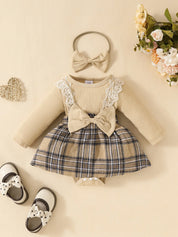 Bebê gilrs manga longa outono/inverno xadrez com arco mel macacão para recém-nascidos-18m férias wear + bandana