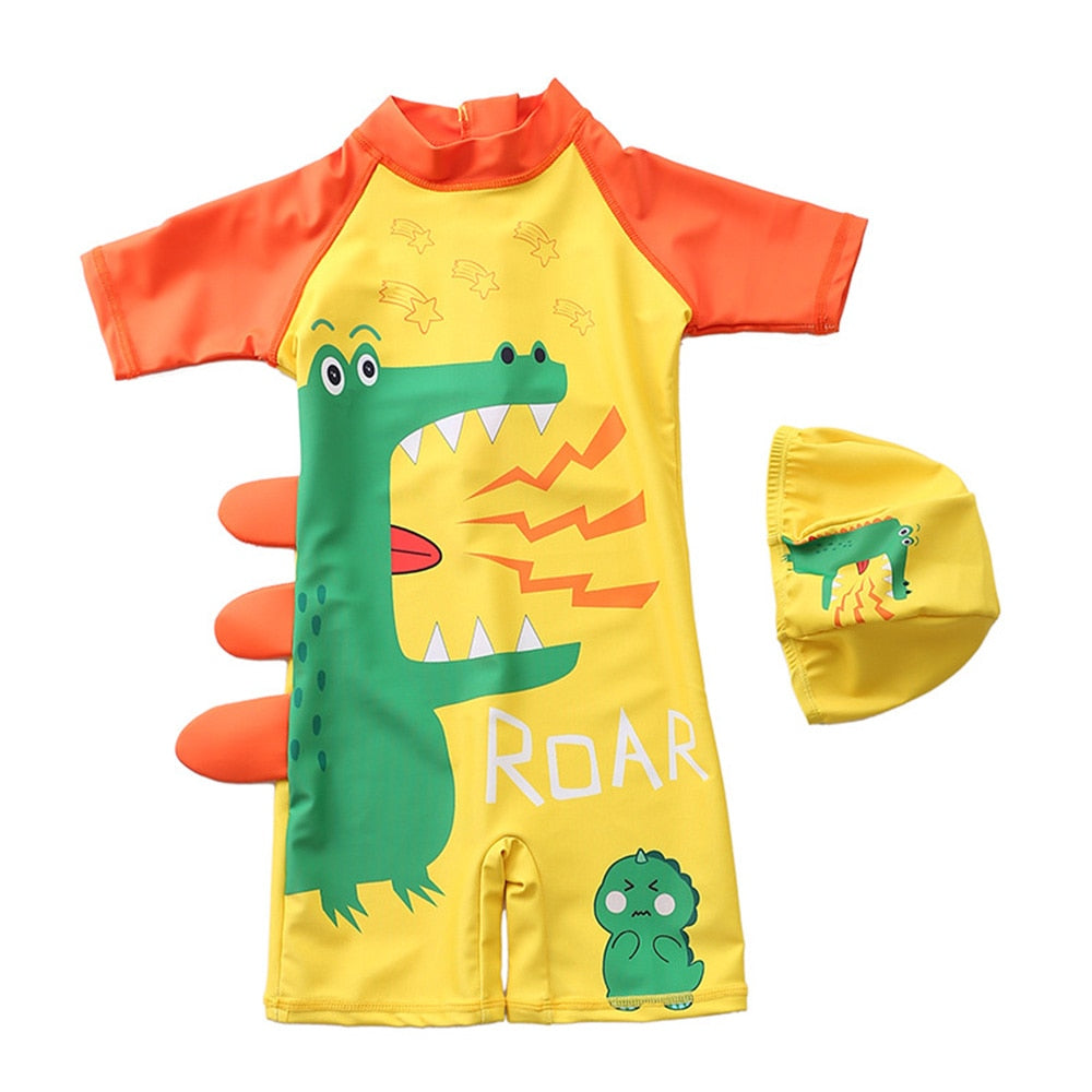 Macaquinho de Praia Infantil Manga Curta Dino Amarelo - Ama Mamma
